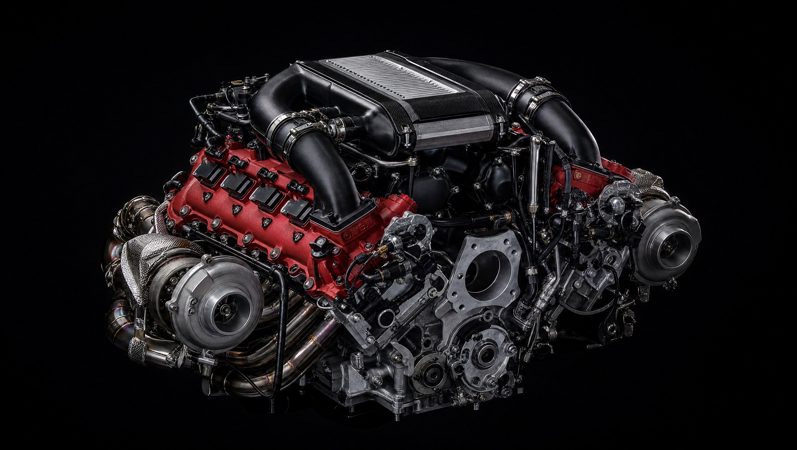 Detailed twin-turbo engine with red cam covers, machined metal and braided hoses in a dark studio